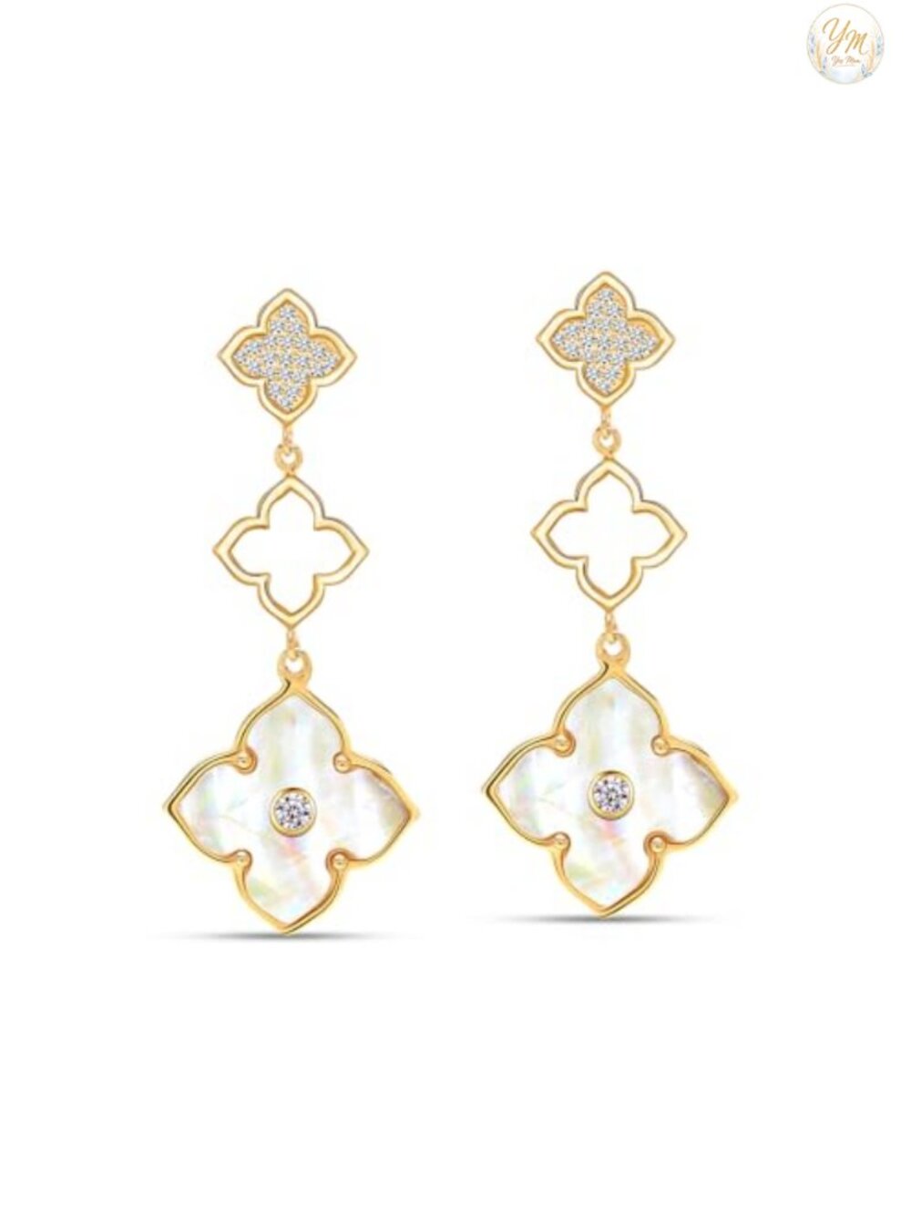 Sterling Silver MOP Clover Drop Earrings Dangle Zirconia